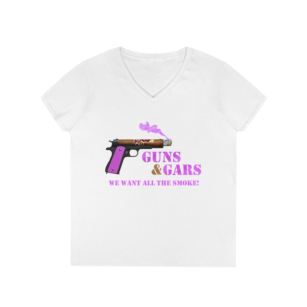 Guns & Gars - Pink - Ladies' V-Neck T-Shirt